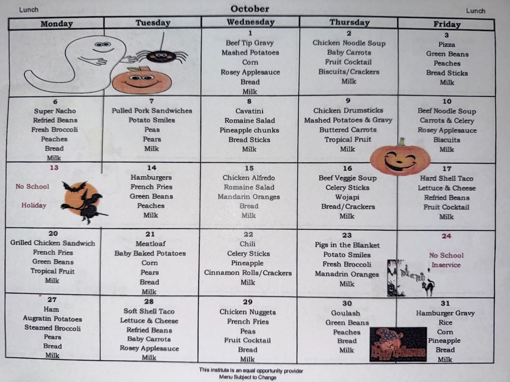 October 2025 Lunch Menu