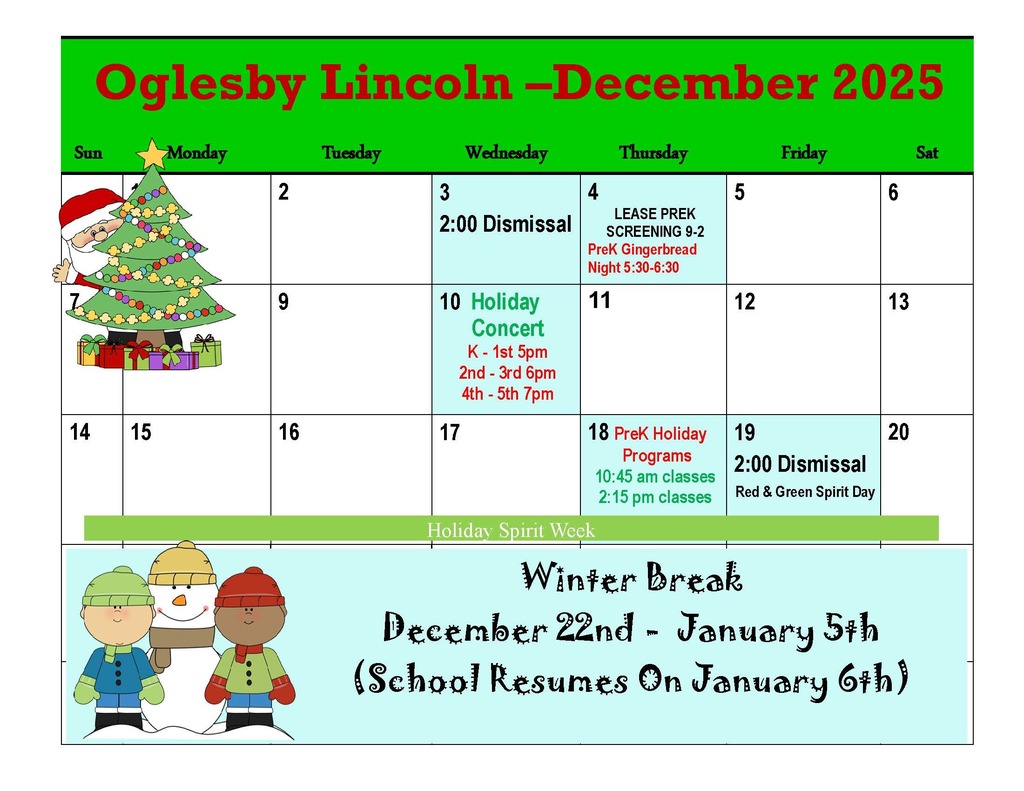 Lincoln School Activity Calendar December 2025