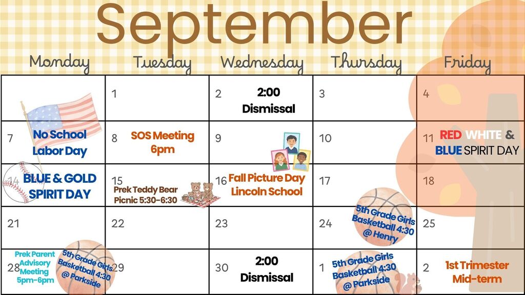 Lincoln School Activity Calendar Sept. 2026