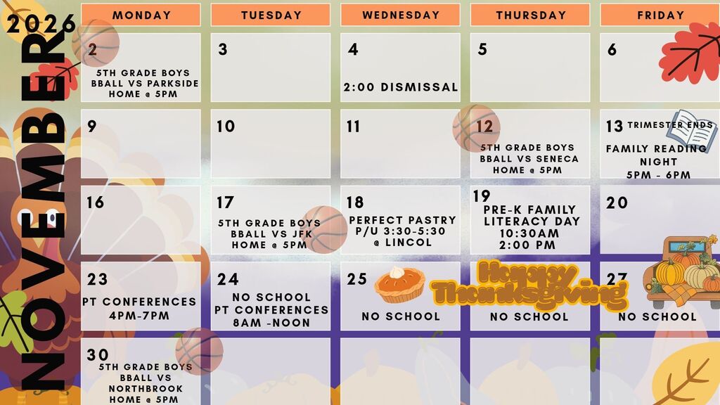 Lincoln School Activity Calendar November 2026