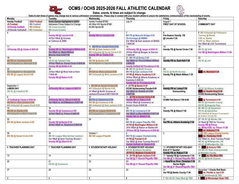 2025-26 Fall Athletics Calendar