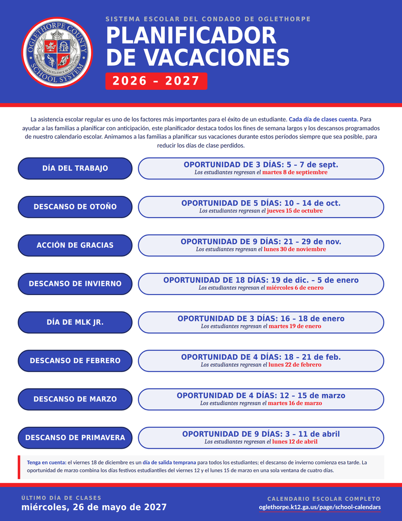 2026-2027 Vacation Planner Spanish Version