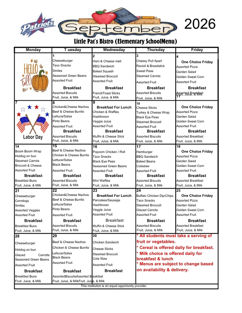September Menus OCES, OCMS, and OCHS