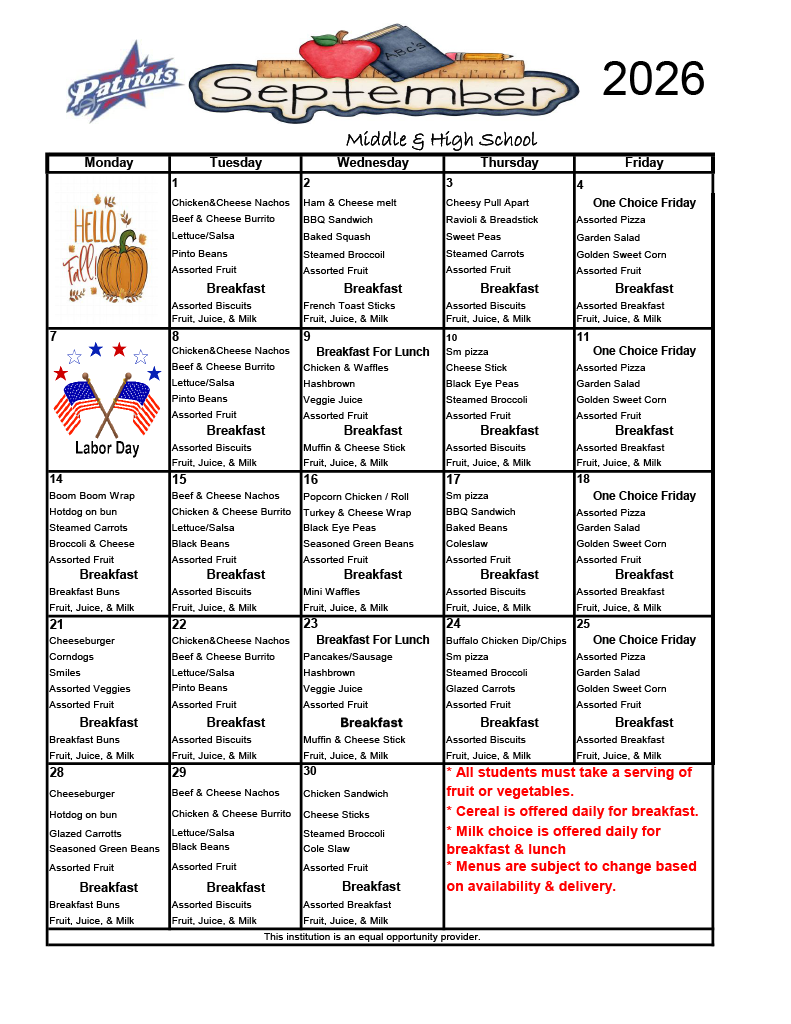 September Middle High Menu