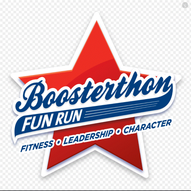 Boosterthon Fun Run. Fitness, Leadership, Character. Red star with blue and white lettering