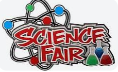 Science Fair, Atom, beakers with green, red, and blue liquid. Red lettering 