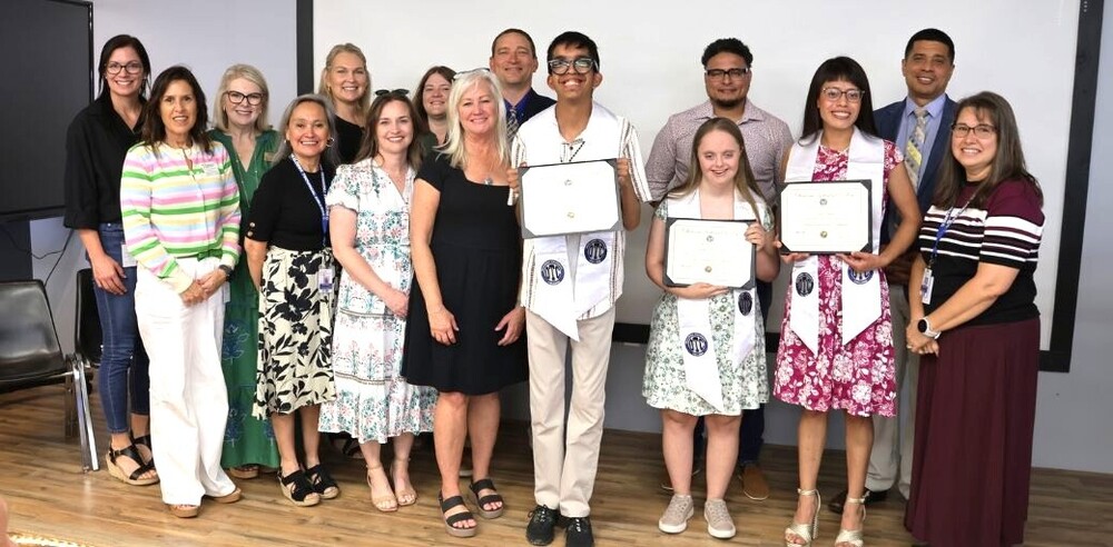  Okaloosa Technical College. Graduates Raj Mulwani, Kaitlyn McCarthy, and Nerea “Rea” Agnew with administrators and staff at graduation.