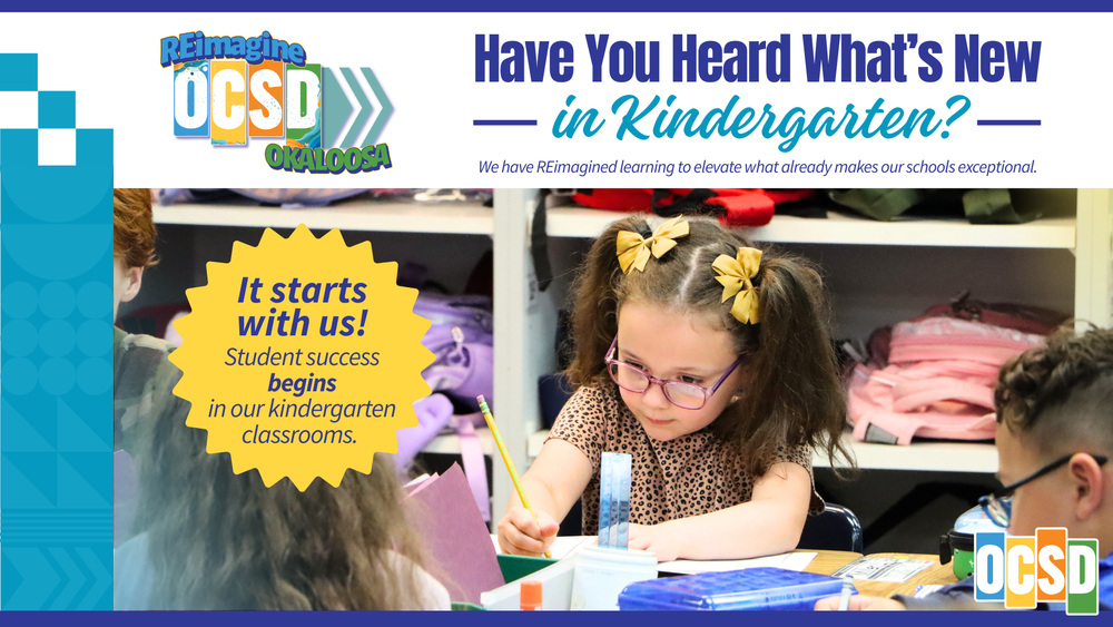 A colorful promotional graphic for Okaloosa County School District featuring the headline “Have You Heard What’s New in Kindergarten?” alongside the “Reimagine OCSD Okaloosa” logo. Subtext reads, “We have REimagined learning to elevate what already makes our schools exceptional.” The image shows a classroom scene with a young student wearing glasses writing with a pencil at a desk, surrounded by other students and school supplies. A yellow starburst reads, “It starts with us! Student success begins in our kindergarten classrooms.” The OCSD logo appears in the bottom right corner.