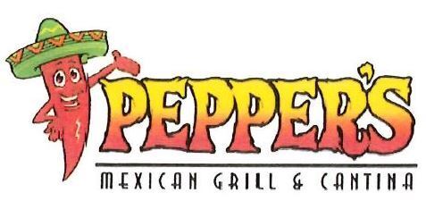 Pepper's Mexican Grill & Cantina. Chili man is red wearing a sombrero. Letters are yellow, orange, and red.