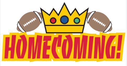Homecoming! letters are red with yellow backgound. two brown footballs on either side of a yellow crown with red, blue, and green jewels