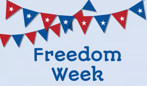 Freedom Week in letters in blue. Red and blue pennants  hanging down. Some have white stars