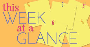 A simple graphic with the words “This Week at a Glance” displayed in colorful text on a yellow background with overlapping paper shapes.