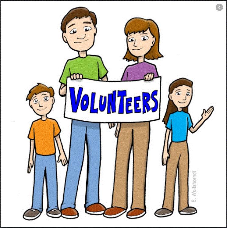 two adults and two children in cartoon version. Boy is wearing orange shirt blue pants. Girl is wearing blue shirt brown pants. Dad wearing green shirt blue pants. Mom wearing purple shirt brown pants. Parents are holding a sign that reads "Volunteers"