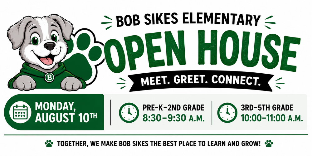 Open House header featuring a smiling bullpup mascot, the Open House title, event date (Monday, August 10th), and grade-level session times.