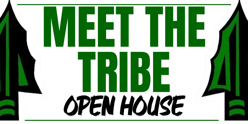 Banner graphic for Choctawhatchee High School featuring the words “MEET THE TRIBE” in large green block letters and “OPEN HOUSE” in black brush-style text beneath. The design has a light gray background with green horizontal accent lines at the top and bottom and stylized green and black spear graphics on both sides. The graphic promotes the school's Meet the Tribe Open House event. Provide your feedback on BizChat
