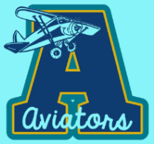Aviators. Large yellow and navy letter A with a teal background. Biplane in the upper left corner.