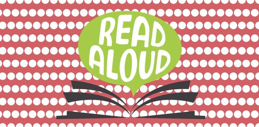 A graphic showing an open book with stylized pages in black. Above the book is a green speech bubble containing the words “READ ALOUD” in white, playful lettering. The background consists of rows of evenly spaced white dots on a red field.
