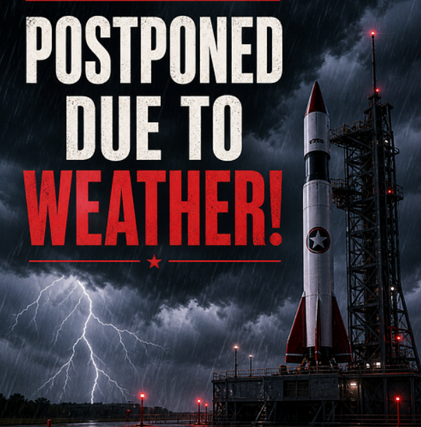 Postponed due to weather! Picture of storm clouds, lightning, and a rocket