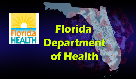 Florida Department of Health Logo. Picture of Florida. Yellow lettering.
