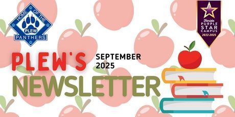 The image depicts a background scattered with apples with the Plew logo and the Purple Star banner in the corners.  There is a clipart of books with an apple.  The text reads Plews Newsletter September 2025