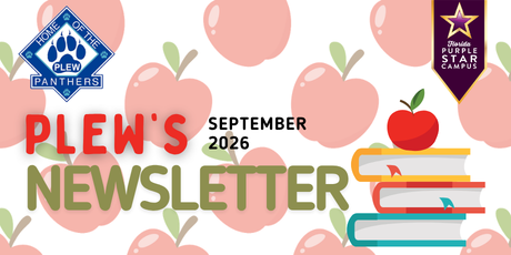 The image has apples in the background with the Plew logo and a stack iof books in the foreground as well as the Purple Star Banner in the upper righthand corner.  The text reads, "Plew's Newsletter September 2026."
