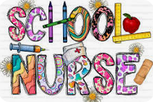 School Nurse with letters decorated in bright colors. some of the letters are made from a ruler, crayons. There is a red apple and a syringe, as well as a bandaid