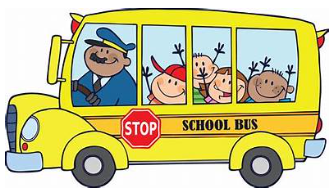 Yellow School Bus with a driver and several students. Cartoon figures.