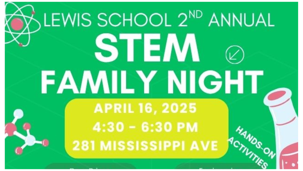 Graphic shows STEM Family Night on 4/16. Full details below. 