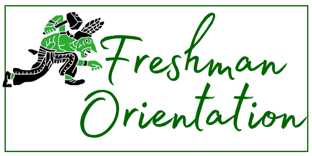 Graphic for Choctaw Freshman Orientation featuring a green and black stylized warrior mascot in a running pose on the left and the words “Freshman Orientation” in large green script lettering on a light gray background with a thin green border.