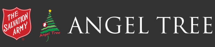 The Salvation Army Angel Tree. The words "The Salvation Army" are inside of their emblem. There is a green Christmas Tree with the words "Angel Tree" in red. Angel Tree in large, white letters with black background