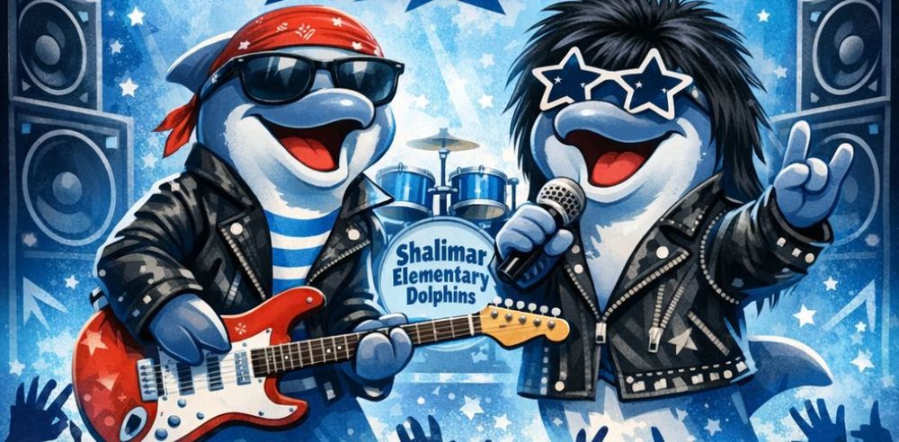 A colorful, rock-concert–style poster shows two illustrated dolphins dressed in black leather jackets performing on stage, one playing an electric guitar and the other singing into a microphone. Stage lights, speakers, lightning bolts, and a cheering crowd appear in the background. 