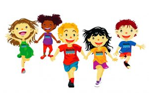 5 boys and girls running. Children are wearing different colored shirts and shorts. Children are smiling.