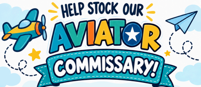Help Stock Our Aviator Commissary! Airplane and paper airplane clipart the words "Aviator Commissary" are in teal, white, yellow, and navy. 