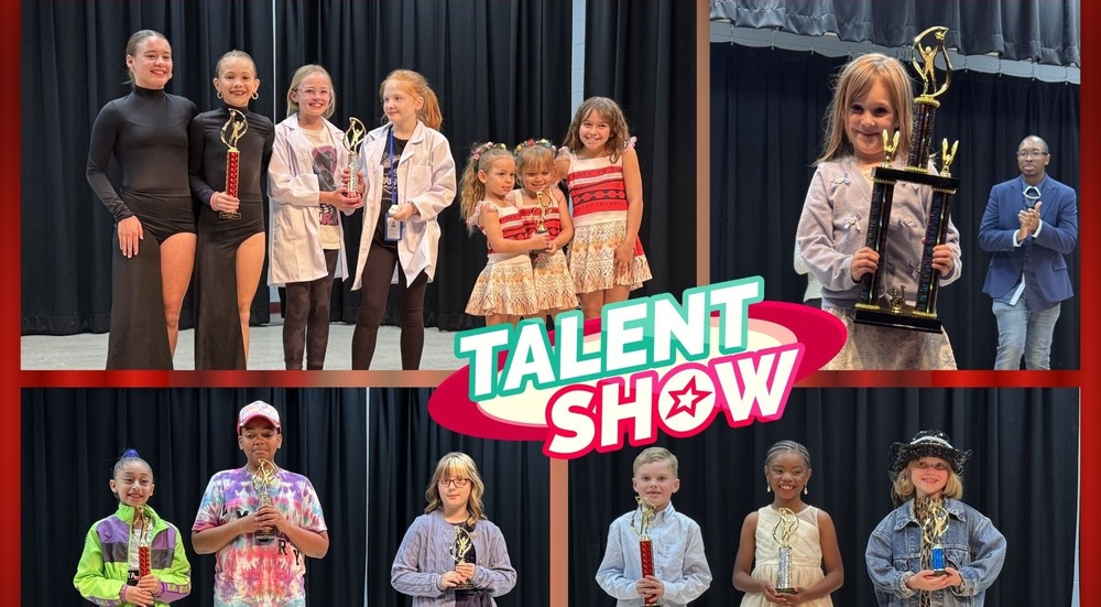 Winners of the Talent show holding trophies on stage with a colorful logo that says talent show in the middle