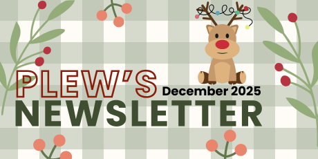 The photo shows a green gingham background with a reindeer clip ae and the text reads "Plews Newsletter December 2026"