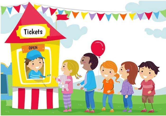 Picture shows a line of students at a ticket counter. Carnival theme. Ticket window is yellow with a red roof. Background shows clouds and green grass. There are red, purple, yellow, green, and orange flags hanging in the background.
