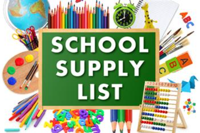 School Supply List . Shows a globe, colored pencils, a clock, notebook, paintbrushes, ABC blocks, math counter, magnetic multicolored letters, markers, paint pallet, push pins, and scissors. 