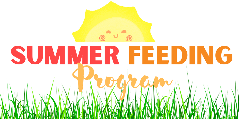 Colorful ‘Summer Feeding Program’ graphic featuring a smiling sun at the top and green grass along the bottom, with bright red, orange, and yellow text in a playful summer theme.