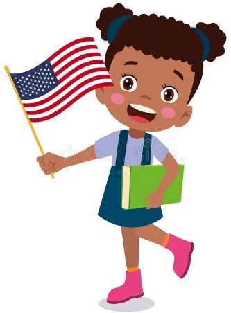 Student holding American flag in right hand and green book in the other. Student is wearing pink boots, blue shirt and dress.