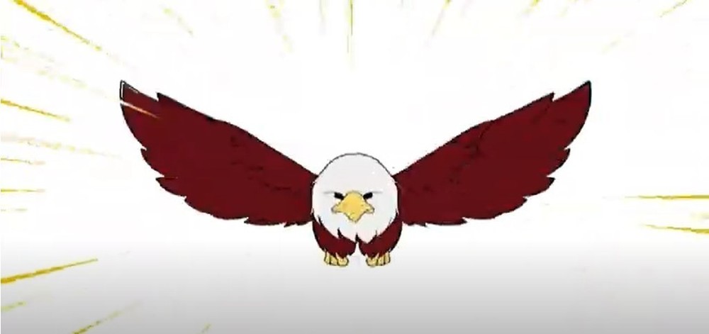 Stylized eagle with dark red wings spread wide, facing forward against a bright white background.