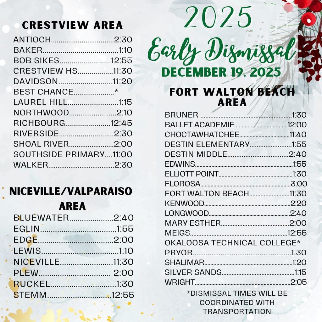 Early Dismissal on Friday, December 19th