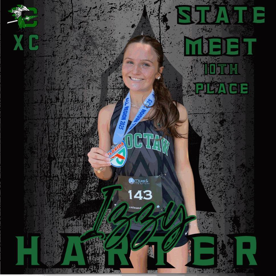 Izzy Harter earned the title of District and Regional Runner-up, finishing 10th out of 250 competitors at the State Meet
