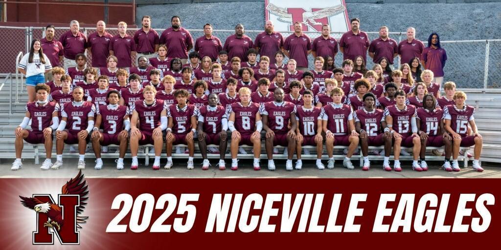 Team photo of the 2025 Niceville Eagles football program, showing players in maroon uniforms seated and standing in rows on stadium bleachers with coaches behind them, alongside a banner reading “2025 Niceville Eagles.”