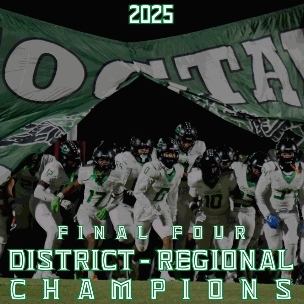 A dynamic graphic showing a football team in white and green uniforms running through a large green banner, with the text “2025 Final Four District‑Regional Champions” displayed prominently.