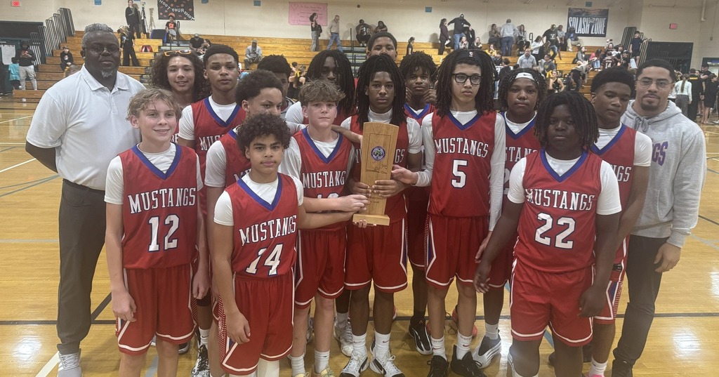 Shoal River MS Boys Basketball team with trophy