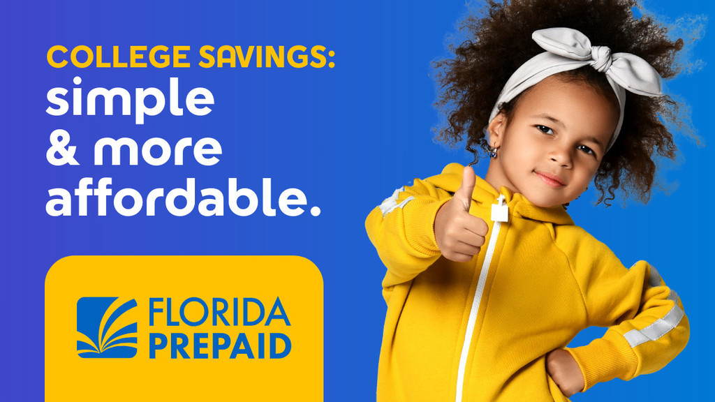 A promotional graphic with a blue and purple gradient background. On the left, yellow and white text reads “College savings: simple & more affordable.” Below the text is the Florida Prepaid logo in a yellow box. On the right, a child wearing a bright yellow jacket and a white headband gives a thumbs‑up gesture.