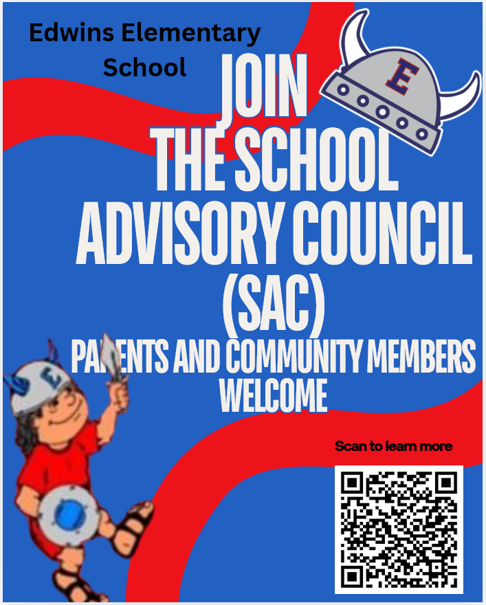 Flyer from Edwins Elementary School inviting parents and community members to join the School Advisory Council (SAC), featuring Viking-themed graphics and a QR code to learn more.
