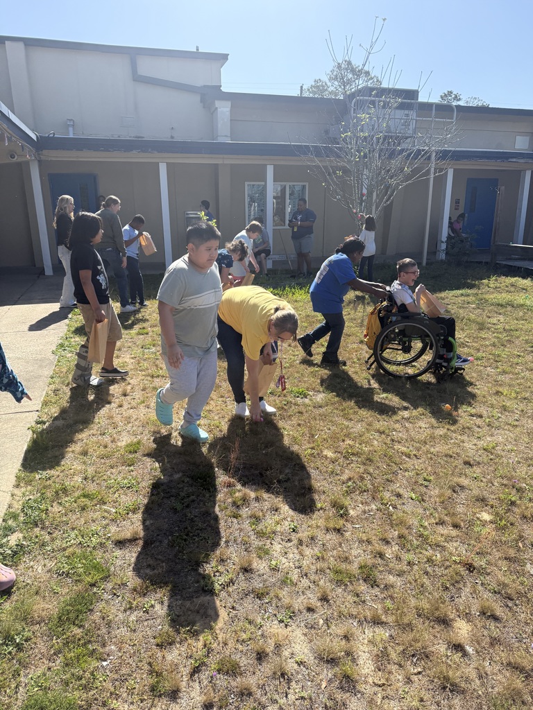 Students and teachers working together to find hidden eggs during an outdoor activity .