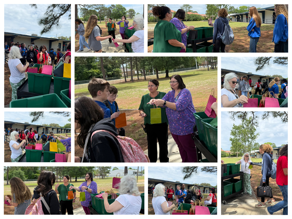 Collage of photos of Mrs. Nihill, Mrs. Barrow, and Ms. Bridget handing out the treat bags to students.