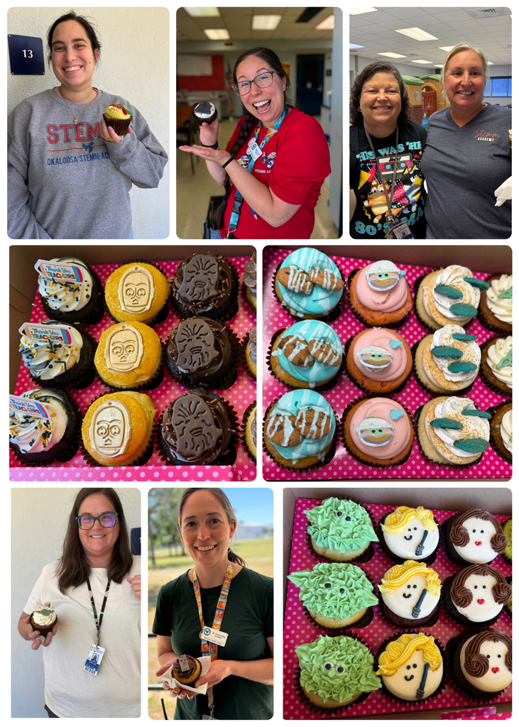 Collage of photos of teachers with the Smallcakes cupcakes. 